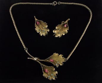 Beautiful Antique 1940s Rhinestone Necklace Earrings Set 16"
