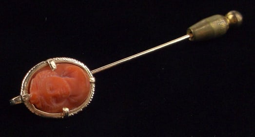 Mint Antique 1890s 14kt Gold Red Coral Cameo Pin 2.73g Nouveau