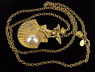 New Vint Kirks Folly Whispering Angel Seashell Brooch Necklace 30"