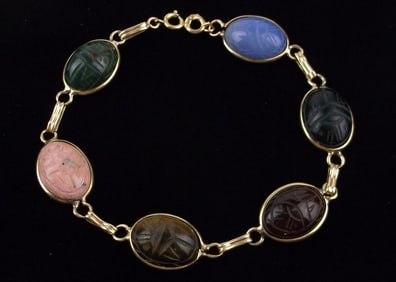 Stunning 1950s 14kt Gold Egyptian Scarab Beetle Bracelet 8" 14g
