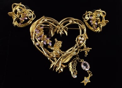 New Boxed Vint Kirks Folly Wisteria Fairy Brooch Earrings Set