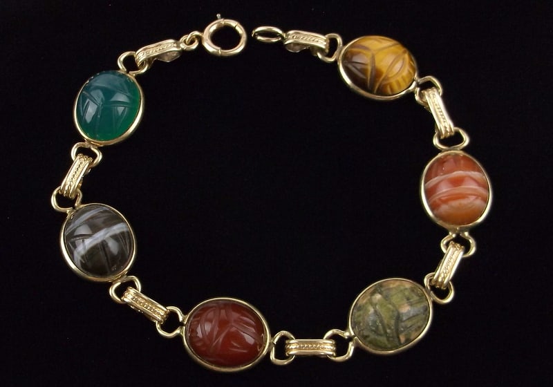 Mint Antique 1950s 14kt Gold Egyptian Scarab Beetle Bracelet 7.5" 11.38g (1 of 9)