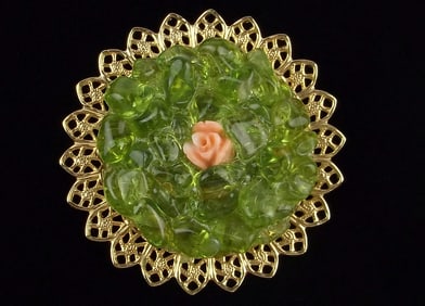 New Vintage 1950s Peridot Pink Coral Brooch