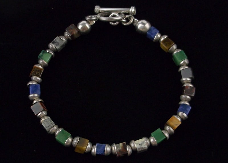 Mint Vint Sterling Silver Lapis Jadeite Jasper Bracelet 7.5": Guaranteed Solid 925 Sterling Silver, in Excellent Condition