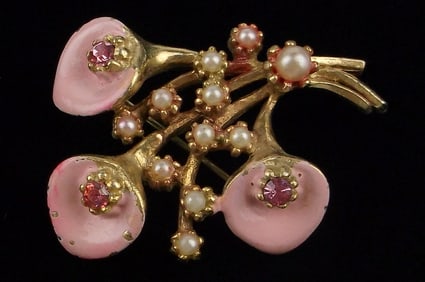 Stunning Antique 1950s Enameled Rhinestone Flower Brooch