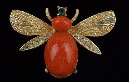Stunning Vint 1960s Designer Jelly Belly Rhinestone Bee Brooch Insect