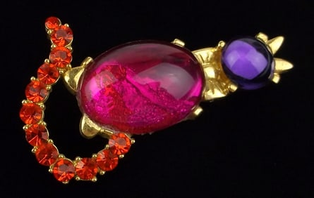 Mint Vintage 1960s LIA Jelly Belly Rhinestone Cat Brooch Big
