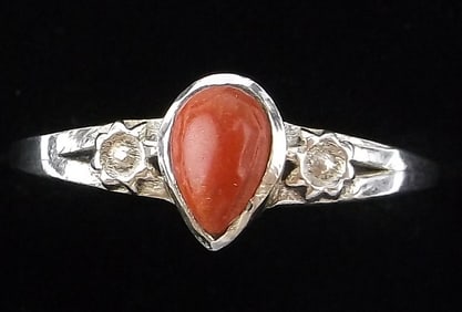 New Sterling Silver Red Coral Teardrop Ring 7