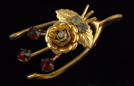 Stunning Antique 1950s Rhinestone Wishbone Luck Brooch