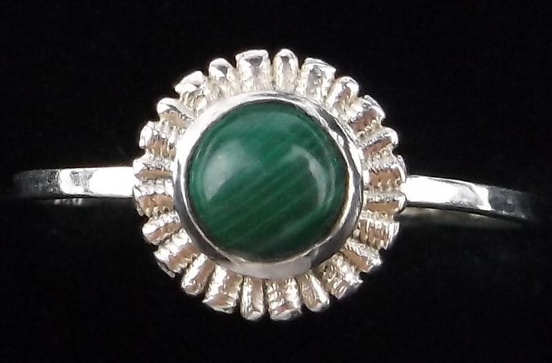 New Sterling Silver Malachite Sun Ring 7: Solid Sterling Silver Guaranteed, in Brand New Never Worn Condition.