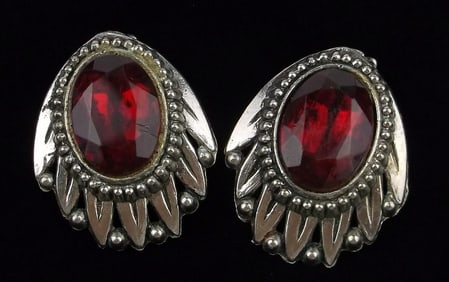 Stunning Antique 1940s Big Ruby Red Rhinestone Earrings