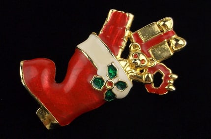Gorgeous Vintage Enameled Christmas Boot Brooch