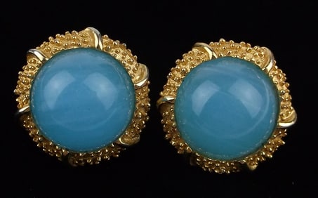 Rare Mint 1950s Crown Trifari Blue Lucite Dome Earrings
