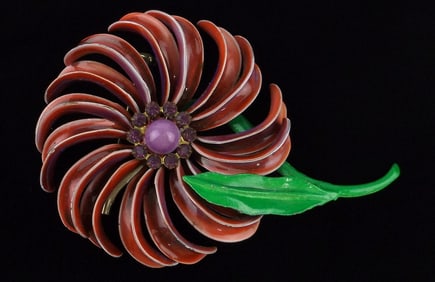 Big Mint Antique 1950s Enameled Rhinestone Flower Brooch