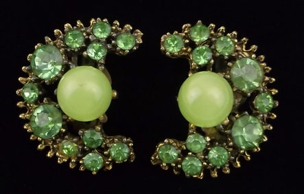 Mint Vintage 1960s Rhinestone Moon Earrings Designer