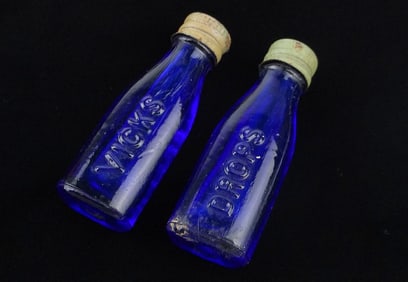 2 Gorgeous Antique Vicks Drops Cobalt Blue Bottle Lot