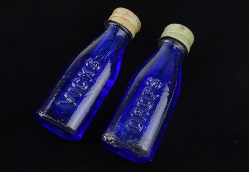 2 Gorgeous Antique Vicks Drops Cobalt Blue Bottle Lot (1 of 2)