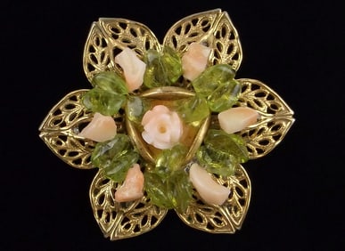 Mint Vintage 1950s Pink Coral Peridot Brooch