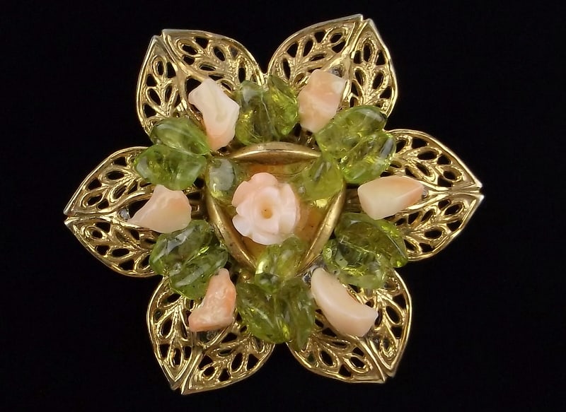Mint Vintage 1950s Pink Coral Peridot Brooch: Mint Condition, In Like New Condition, Perfect