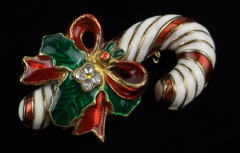 Stunning Vint Enameled Rhinestone Christmas Candy Brooch: excellent condition