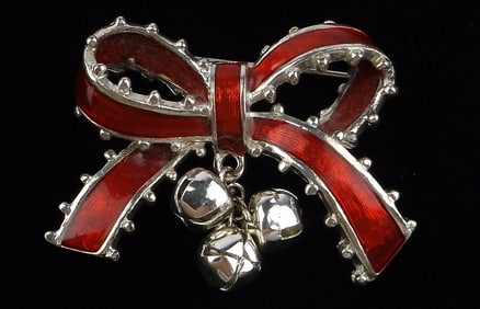 Mint Vint Enameled Jingle Bells Christmas Bow Brooch