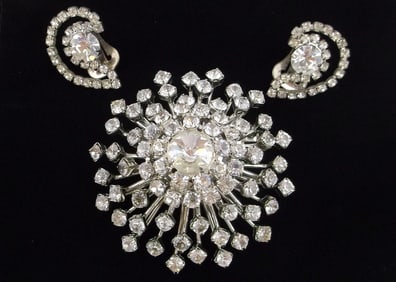 Stunning Vint 1960s Big Rhinestone Starburst Brooch Earrings Set