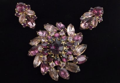 Stunning Antique 1950s Rhinestone Brooch Earrings Set