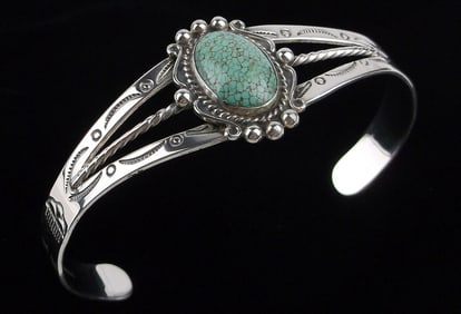 NEW Antique 1940s Navajo Sterling Silver Turquoise Cuff Bracelet 7-8"