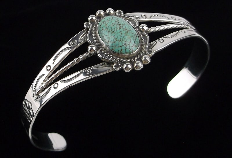 NEW Antique 1940s Navajo Sterling Silver Turquoise Cuff Bracelet 7-8" (1 of 7)
