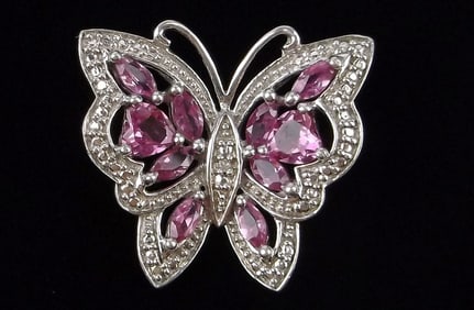 New Vintage Sterling Silver Ruby Diamond Butterfly Pendant