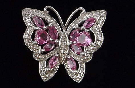 New Vintage Sterling Silver Ruby Diamond Butterfly Pendant: Solid Sterling Silver Guaranteed, in Brand New Never Worn Condition.