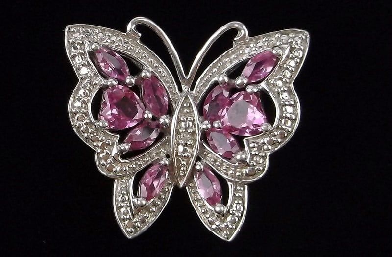 New Vintage Sterling Silver Ruby Diamond Butterfly Pendant