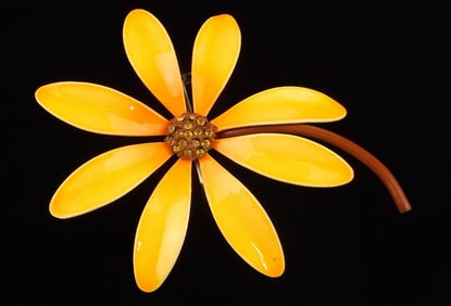 New Vintage 1960s Big Enameled Rhinestone Flower Brooch