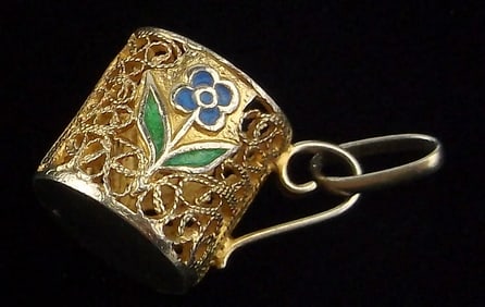New Vint 1950s Enameled Gold Over Sterling Teacup Pendant