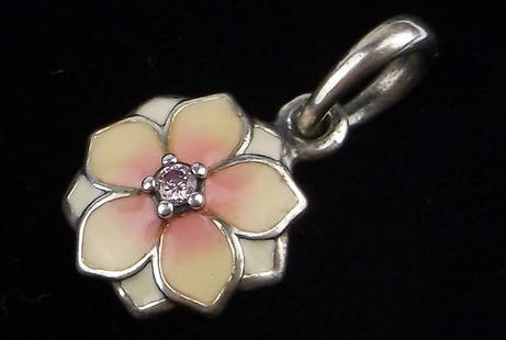 New Pandora Sterling Silver Enameled Plumeria Flower Pendant: Solid Sterling Silver Guaranteed, in Brand New Never Worn Condition.