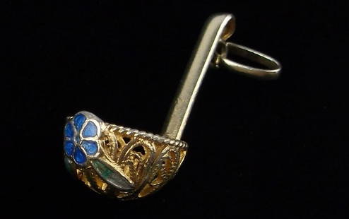 New Vint 1950s Gold Over Sterling Enameled Ladle Pendant: Solid Sterling Silver Guaranteed, in Brand New Never Worn Condition.
