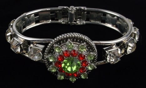 Stunning 1960s Rhinestone Surround Clamper Bracelet 7.5"