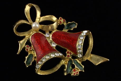 Stunning Vint Enameled Rhinestone Christmas Bells Brooch: excellent condition