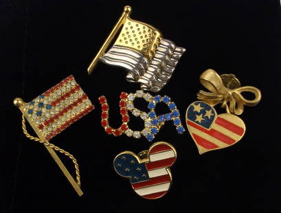 5 Vintage Mint US Flag Brooch Pin Lot Disney Mickey More: Mint Condition, In Like New Condition, Perfect