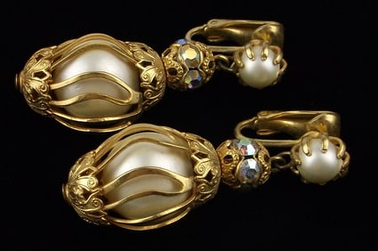 Stunning Vintage 1950s Crystal Faux Pearl Cage Earrings