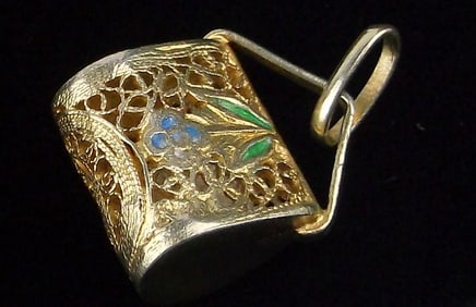 New 1950s Gold Over Sterling Enameled Purse Pendant