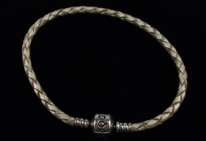 Mint Pandora Sterling Silver Leather Band Bracelet 8"
