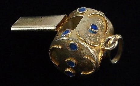 New 1950s Gold Over Sterling Enameled Whistle Pendant Antique