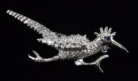 New Vintage 1960s Rhinestone Roadrunner Bird Brooch