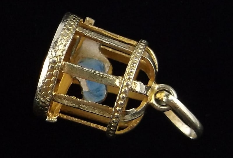 New Antique 1950s Gold Over Sterling Bird Cage Pendant Enameled: Solid Sterling Silver Guaranteed, in Brand New Never Worn Condition.