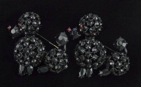 2 Mint Antique 1950s Capri Rhinestone Poodle Dog Brooch Set