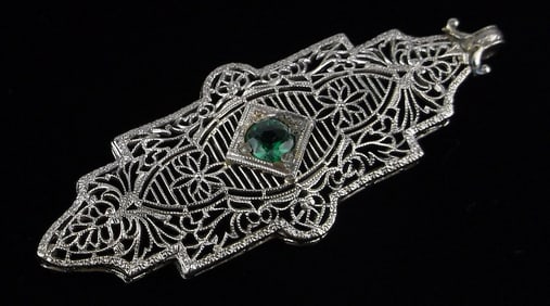 Mint Antique 1920s Art Deco Sterling Silver Emerald Pendant