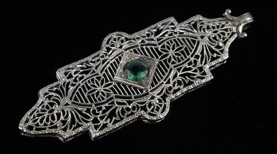 Mint Antique 1920s Art Deco Sterling Silver Emerald Pendant: Guaranteed Solid 925 Sterling Silver, in Excellent Condition
