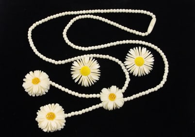 Mint Antique 1950s Sunflower Necklace Earrings Set 22"