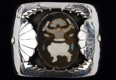 HUGE RARE Navajo RL Shurtz Sterling Kachina Cuff Bracelet 8-9": A Huge Rare Vintage 1960s Navajo RL Shurtz Signed Handmade Sterling Silver and Inlay Kachina Dancer Cuff bracelet that will fit 8-9 inch wrist size. Very Huge, Very Heavy and In Excellent Condition.